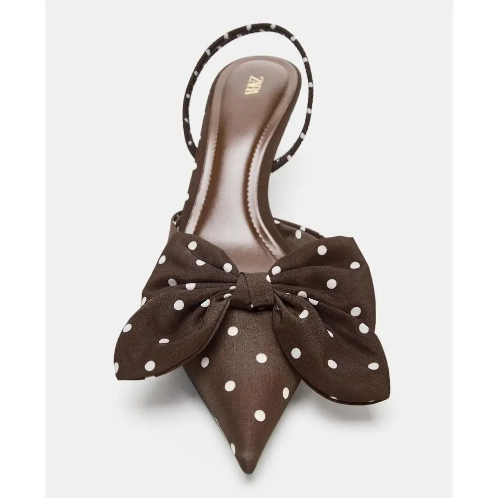 ZARA Polka Dot Bow Slingback Heels NWT Brown Pointed Toe Kitten Heel 6.5